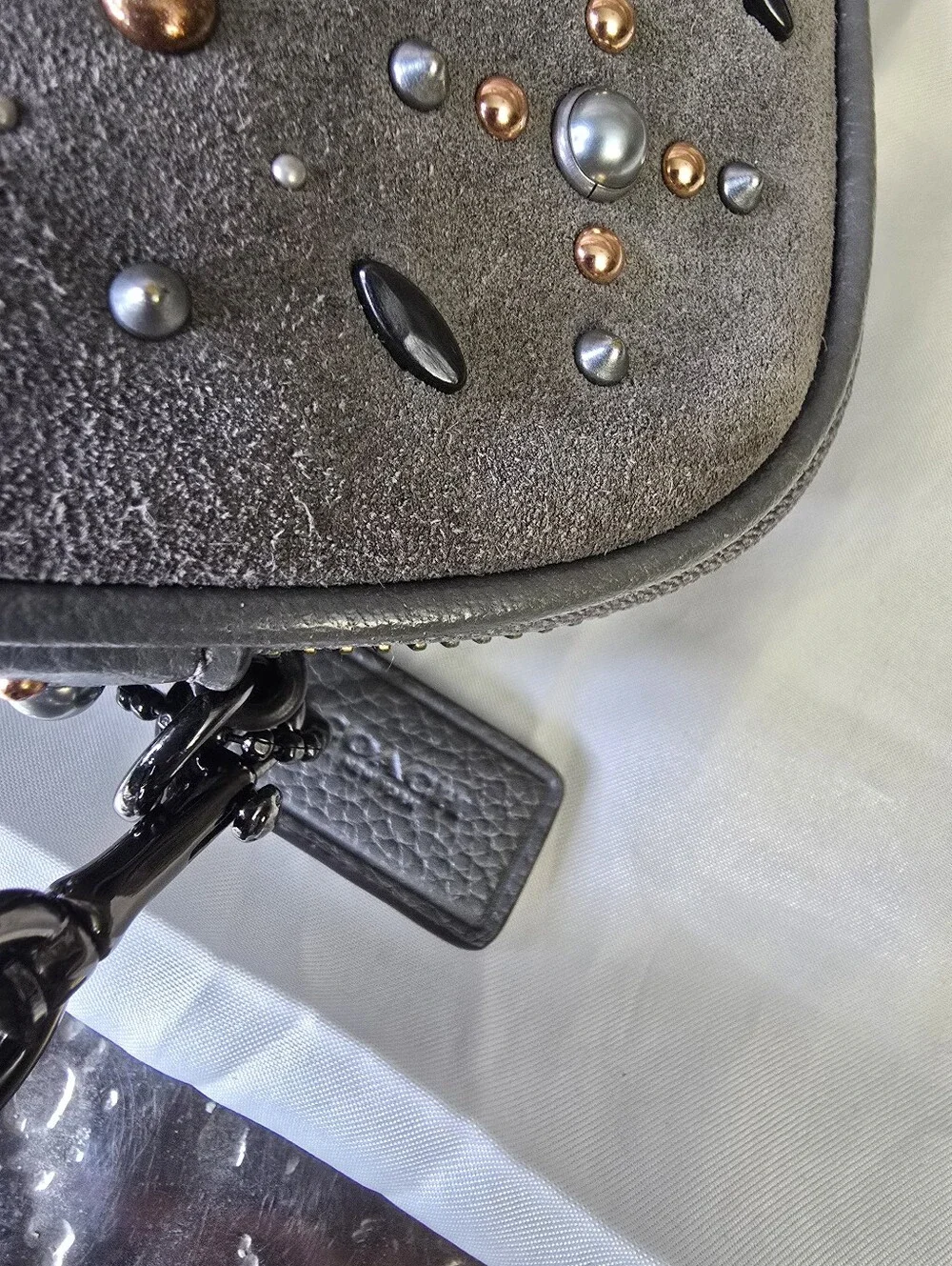 COACH Prairie Rivets Gray Pebbled Leather Studded Crossbody, NWOT